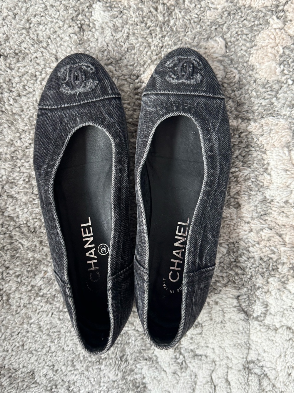 CHANEL Black Washed Denim CC Cap-Toe Ballet Flats